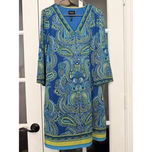 LAUNDRY Paisley Shift Dress Medium 3/4 Bell Sleeve Peacock Blue Green